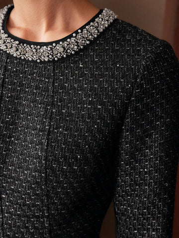 MOTF PREMIUM TWEED FAUX PEARL AND BEADED TRIM FLARE HEM SHORT DRESS