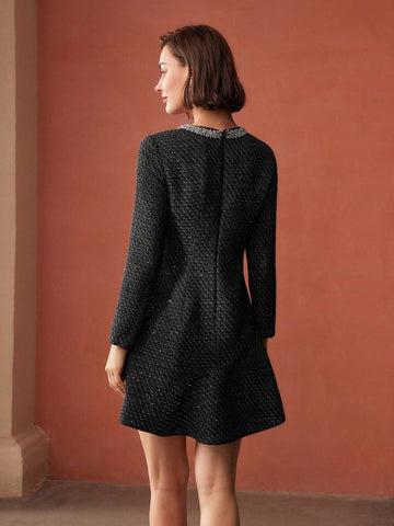 MOTF PREMIUM TWEED FAUX PEARL AND BEADED TRIM FLARE HEM SHORT DRESS