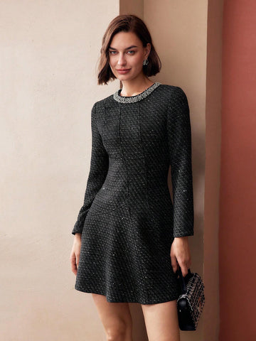 MOTF PREMIUM TWEED FAUX PEARL AND BEADED TRIM FLARE HEM SHORT DRESS