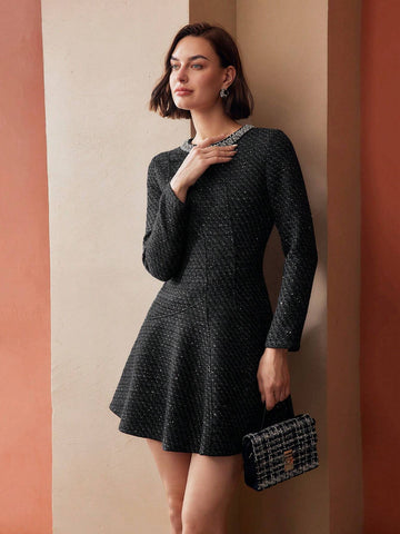 MOTF PREMIUM TWEED FAUX PEARL AND BEADED TRIM FLARE HEM SHORT DRESS