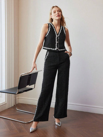 MOTF PREMIUM TWEED FLORAL LACE TRIM SEAM FRONT SUIT PANTS