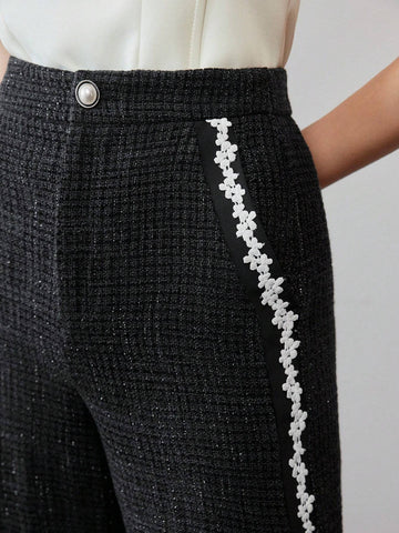 MOTF PREMIUM TWEED FLORAL LACE TRIM SEAM FRONT SUIT PANTS