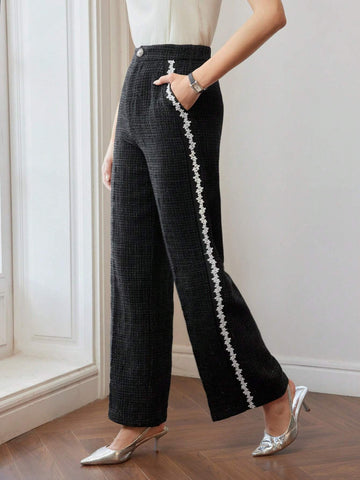 MOTF PREMIUM TWEED FLORAL LACE TRIM SEAM FRONT SUIT PANTS