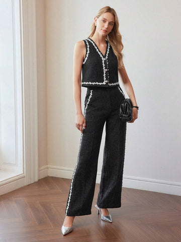 MOTF PREMIUM TWEED FLORAL LACE TRIM SEAM FRONT SUIT PANTS
