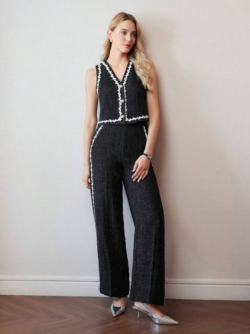 MOTF PREMIUM TWEED FLORAL LACE TRIM SEAM FRONT SUIT PANTS