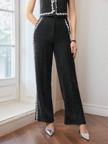 MOTF PREMIUM TWEED FLORAL LACE TRIM SEAM FRONT SUIT PANTS
