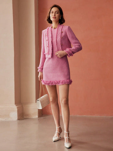 MOTF PREMIUM TWEED FRINGE HEM DRESS