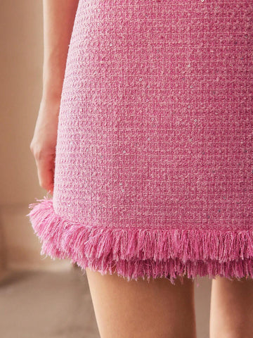 MOTF PREMIUM TWEED FRINGE HEM DRESS