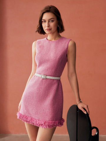 MOTF PREMIUM TWEED FRINGE HEM DRESS