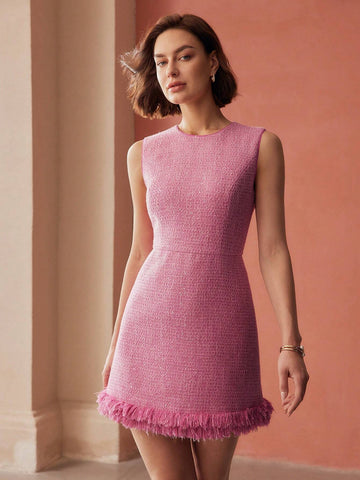 MOTF PREMIUM TWEED FRINGE HEM DRESS