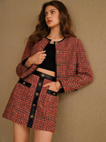 MOTF PREMIUM TWEED PLAID CONTRAST TRIM BUTTON DETAIL SKIRT