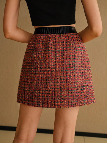 MOTF PREMIUM TWEED PLAID CONTRAST TRIM BUTTON DETAIL SKIRT