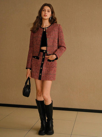 MOTF PREMIUM TWEED PLAID CONTRAST TRIM BUTTON DETAIL SKIRT