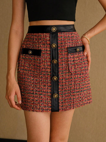 MOTF PREMIUM TWEED PLAID CONTRAST TRIM BUTTON DETAIL SKIRT