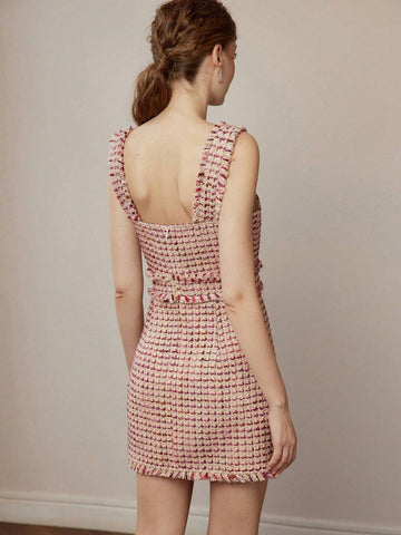 MOTF PREMIUM TWEED PLAID PATTERN RAW EDGE SHORT DRESS