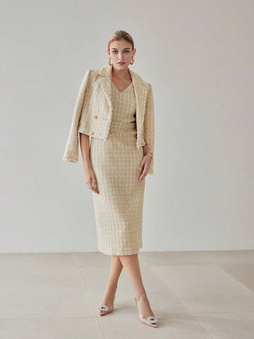 MOTF PREMIUM TWEED PLAID PATTERN V-NECK RAW TRIM DRESS