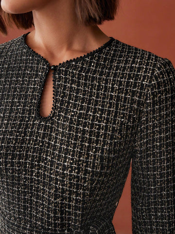 MOTF PREMIUM TWEED PLAID PRINT KEYHOLE NECK CONTRAST PLEATED HEM BELTED SHORT DRESS