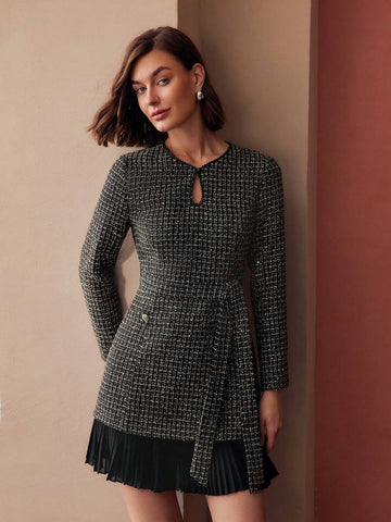 MOTF PREMIUM TWEED PLAID PRINT KEYHOLE NECK CONTRAST PLEATED HEM BELTED SHORT DRESS