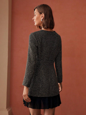 MOTF PREMIUM TWEED PLAID PRINT KEYHOLE NECK CONTRAST PLEATED HEM BELTED SHORT DRESS