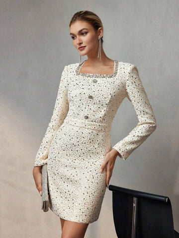 MOTF PREMIUM TWEED SEQUINS SQUARE NECK RHINESTONE DETAIL SHORT DRESS