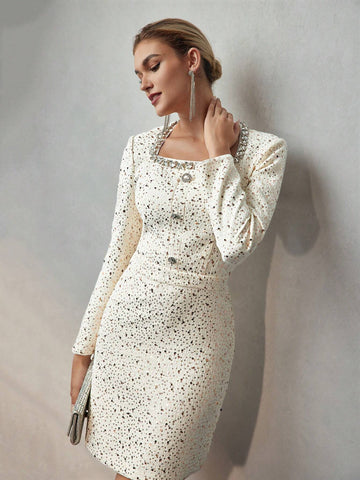 MOTF PREMIUM TWEED SEQUINS SQUARE NECK RHINESTONE DETAIL SHORT DRESS