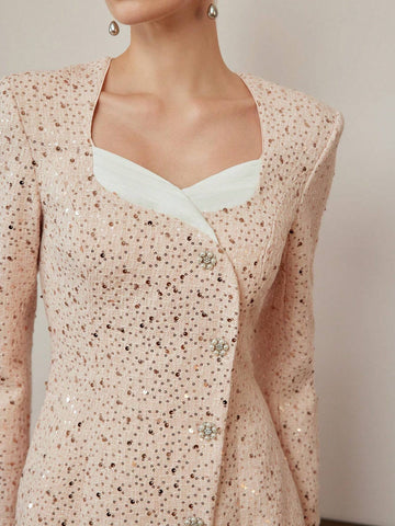 MOTF PREMIUM TWEED SEQUINS SWEETHEART NECK SINGLE BREASTED PLACKET SHORT DRESS