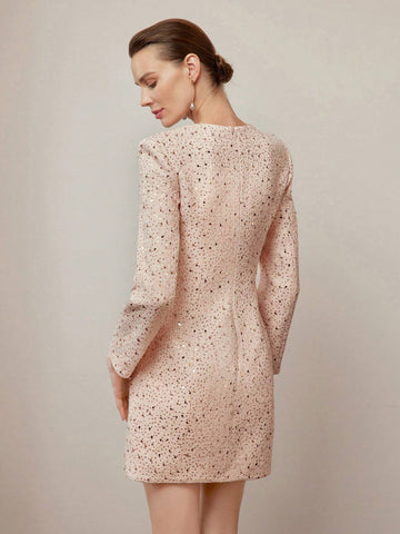 MOTF PREMIUM TWEED SEQUINS SWEETHEART NECK SINGLE BREASTED PLACKET SHORT DRESS