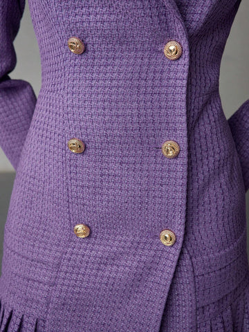 TWEED SOLID LAPEL COLLAR PLEATED HEM DOUBLE BREASTED PLACKET SHOR