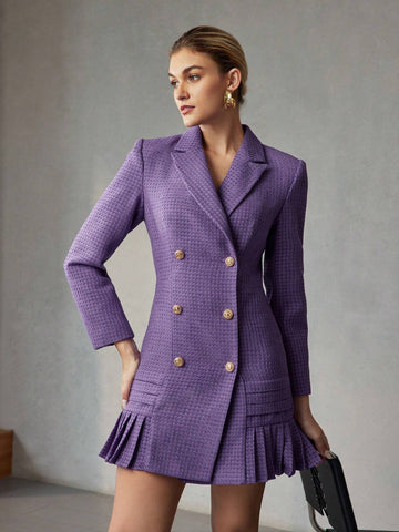 TWEED SOLID LAPEL COLLAR PLEATED HEM DOUBLE BREASTED PLACKET SHOR