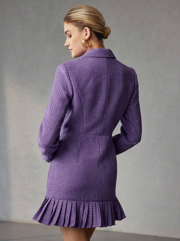 TWEED SOLID LAPEL COLLAR PLEATED HEM DOUBLE BREASTED PLACKET SHOR