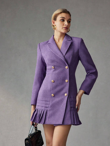 TWEED SOLID LAPEL COLLAR PLEATED HEM DOUBLE BREASTED PLACKET SHOR