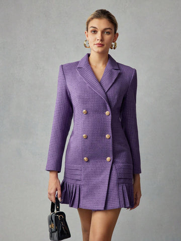 TWEED SOLID LAPEL COLLAR PLEATED HEM DOUBLE BREASTED PLACKET SHOR