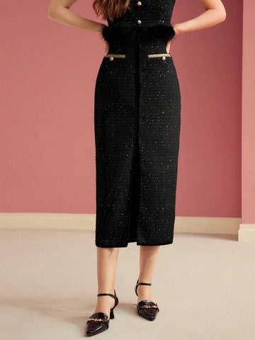 MOTF PREMIUM TWEED THIGH SLIT SKIRT