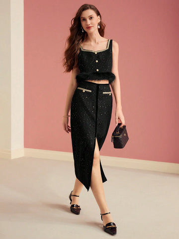 MOTF PREMIUM TWEED THIGH SLIT SKIRT