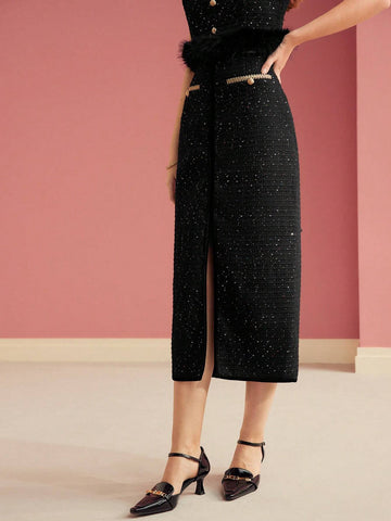 MOTF PREMIUM TWEED THIGH SLIT SKIRT