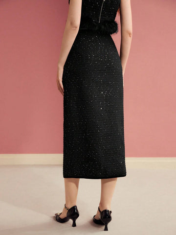 MOTF PREMIUM TWEED THIGH SLIT SKIRT