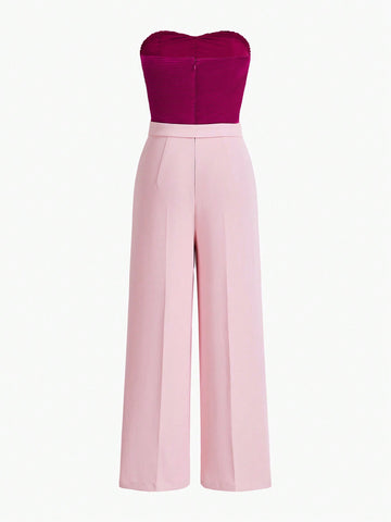 MOTF PREMIUM TWO TONE BUCKLE BELTED TUBE JUMPSUIT