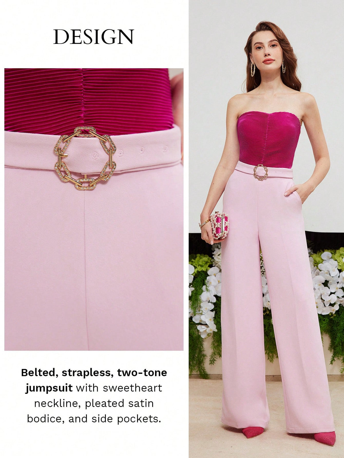 MOTF PREMIUM TWO TONE BUCKLE BELTED TUBE JUMPSUIT