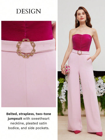 MOTF PREMIUM TWO TONE BUCKLE BELTED TUBE JUMPSUIT