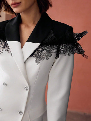 MOTF PREMIUM TWO TONE CONTRAST LACE DETAIL DOUBLE BREASTED PLACKET BLAZER DRESS