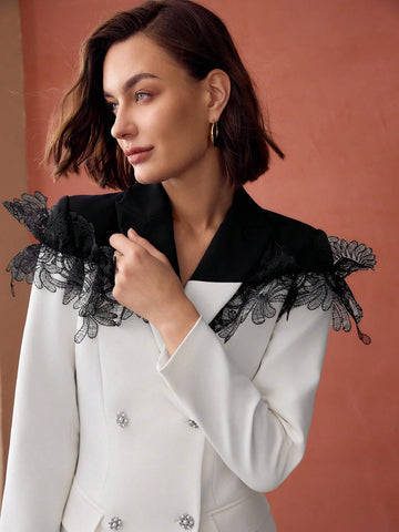 MOTF PREMIUM TWO TONE CONTRAST LACE DETAIL DOUBLE BREASTED PLACKET BLAZER DRESS