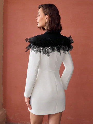 MOTF PREMIUM TWO TONE CONTRAST LACE DETAIL DOUBLE BREASTED PLACKET BLAZER DRESS