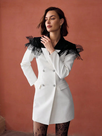 MOTF PREMIUM TWO TONE CONTRAST LACE DETAIL DOUBLE BREASTED PLACKET BLAZER DRESS