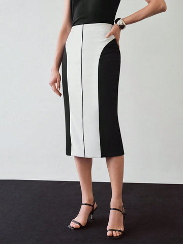 MOTF PREMIUM TWO TONE CONTRAST PIPING PENCIL SKIRT