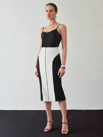 MOTF PREMIUM TWO TONE CONTRAST PIPING PENCIL SKIRT