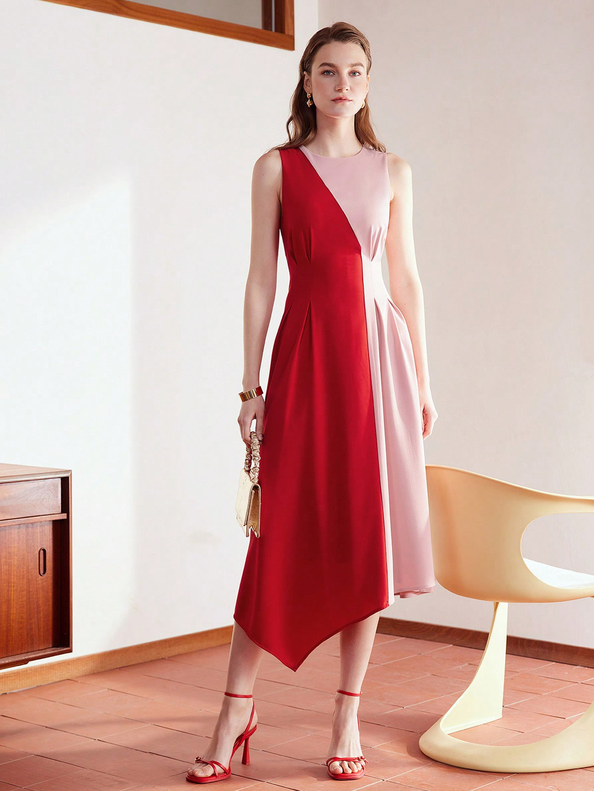 MOTF PREMIUM TWO TONE FOLD PLEATED ASYMMETRICAL HEM DRESS
