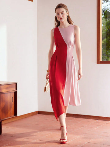 MOTF PREMIUM TWO TONE FOLD PLEATED ASYMMETRICAL HEM DRESS