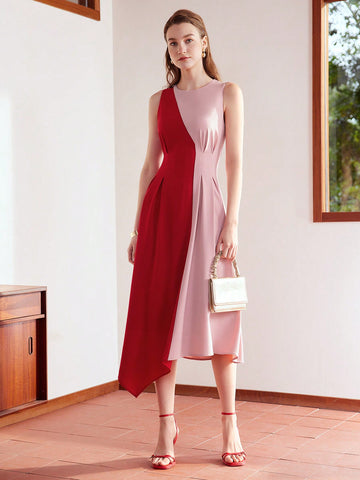 MOTF PREMIUM TWO TONE FOLD PLEATED ASYMMETRICAL HEM DRESS