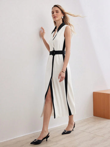 MOTF PREMIUM TWO TONE SHAWL COLLAR SLANT POCKET BUCKLE BELTED DRESS