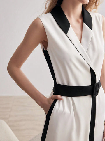 MOTF PREMIUM TWO TONE SHAWL COLLAR SLANT POCKET BUCKLE BELTED DRESS